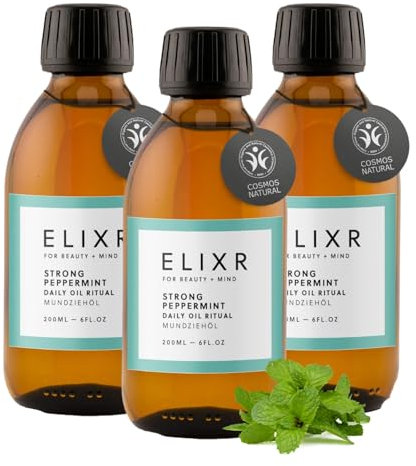 ELIXR Mundziehöl | aus Höhle der Löwen | 3er Set | ayurvedische Mundspülung pflegt auf natürliche Weise | zertifizierte Naturkosmetik aus Deutschland (3x200ml, Strong Peppermint)