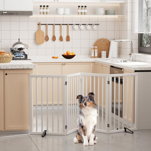 Semiocthome Freistehendes Hundegitter, 81,3 cm hoch, 4-teiliges faltbares Hundegitter für Türen, Treppen, Haus, Haustiergitter für den Innenbereich, mit 2 Metallständern, Weiß