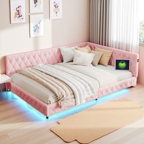 SUNFECILI Polsterbett Schlafsofa 140x200cm, Multifunktionales Tagesbett mit Lattenrost, Weicher Teddy-Velours, Ohne Matratze (Rosa)