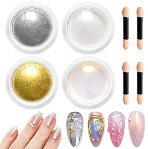 BISHENGYF Chrome Nail Powder - Pearl Chrome Nail Powder Metallic Mirror Effect Aurora White Yellow Silver Gold Glitter Powder Mermaid Iridescent Pigment Dust for Nail Art DIY
