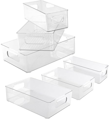 HEIYUET 6 Stück Kühlschrank Organizer Box Set, 3 Größen Kühlschrank Aufbewahrungsbox, Stapelbar Kühlschrankbehälter Transparent für Gefrierschrank, Küchen, Speisekammer