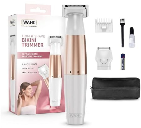 Wahl Ladies Trim And Shave Bikini Trimmer, Two Attachment Heads, Longer Hair Trimmer, Short Hair Shaver, Gentle & Safe Shaving, Battery Powered, Travel Sized, Discreet & Easy To Clean, Washable Blades