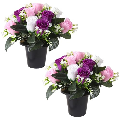 Rppiup Fiori artificiali per tombe, 2 pezzi, fiori funebri viola e bianchi, vasi da fiori artificiali decorativi commemorativi con bouquet finto, boccioli di rosa, fiori del cimitero per Natale