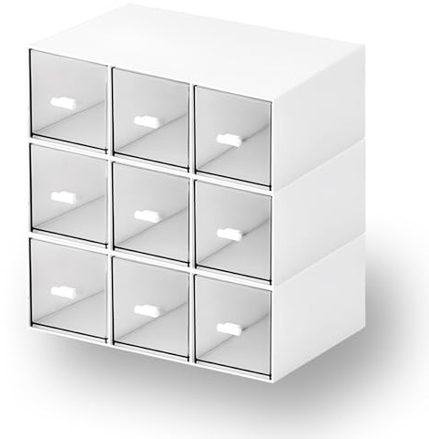 OSteed Stackable Desk Organiser 9 Drawers, Small Plastic Drawers, White | 3 Tiers, Desktop Craft Drawer Unit, Storage Drawer Box for Cupboard, Tray, Mini Draws