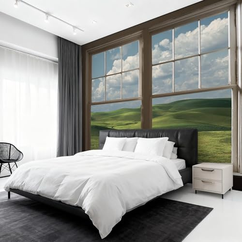Generisch Vlies Fototapete Falsches Fenster 350x256 cm, Tapete Grün Braun Tapeten Vliestapete Wohnzimmer Natur Landschaft Grasland Schlafzimmer Wandtapete Ornamente Mustertapete W&88