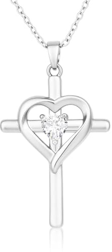 18K Weißgold Vergoldet Kreuz Kette Damen Geschenke für Frauen Mädchen | Halskette Herz Zirkon Kreuz Anhänger 16+3 Inches