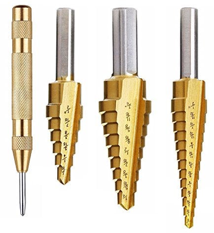 NUZAMAS Set of 3 HSS Titanium Step Drill Bit Set with Automatic Center Punch | High Speed Steel | Total 28 Sizes 118°Split Point Tip Design