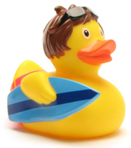 Duckshop Quietscheente Surfer Boy I Badeente I L: 8 cm I inkl. Badeenten-Schlüsselanhänger im Set