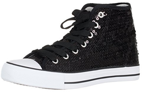 Brandsseller Baskets mi-Hautes à Paillettes pour Femmes – Chaussures Brillantes avec Lacets – Confortables et stylées pour Tous Les Jours et Les fêtes – Noir