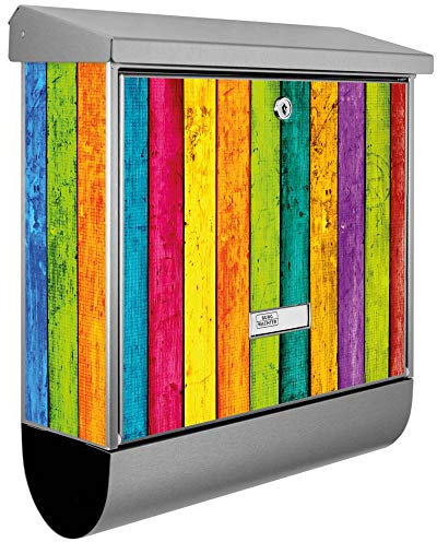 banjado® Burgwächter Briefkasten Edelstahl 38x39x12cm mit Motiv Bunte Holzlatten/Briefkasten Edelstahl ohne Zeitungsfach/Briefkasten grau/Postkasten inkl. Montagematerial & 2 Schlüsseln