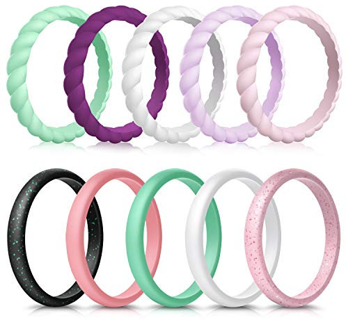 FORTHEE 10 Pack Silicone Wedding Ring for Women, Thin and Braided Rubber Band, Fashion, Colorful, Comfortable fit, Skin Safe