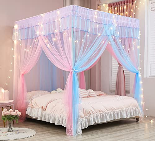Mengersi Regenbogen-Betthimmel mit Lichtern, Bettvorhang, Prinzessinnen-Betthimmel für Mädchen, Netz, Schlafzimmerdekoration, Zubehör, für Twinsize-Bett