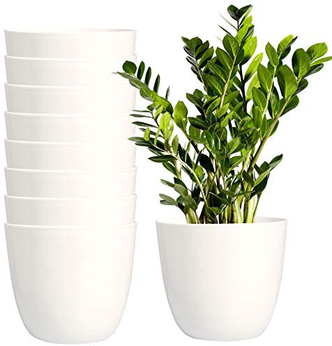 Youngever Lot de 8 Pot De Fleurs, 14CM Pot de Plante Plastique avec Trous de Drainage, Bac à Fleurs, Pot pour Plantes pour Intérieur et Extérieur (Ronde, Blanc)