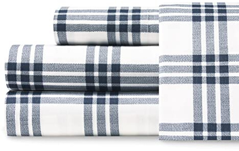 Eddie Bauer - Bettwäsche-Set für Doppelbett, XL, Baumwoll-Perkal, knackige und Coole Heimdekoration (marineblaues Karomuster, Twin XL)