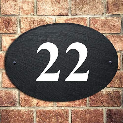 Slate House Signs Personalised Door Number Plaques for Wall Outside UV Printed Natural Slate Rustic Choice of 5 Sizes 6 Fonts Ideal For Home, Office, Gate, Porch(27x19cm Oval Number)