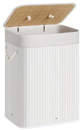 21Bamboo Bambus Wäschekorb 72L mit Deckel – Stabiler & Faltbarer Wäschesammler, Herausnehmbarer Wäschesack, für Badezimmer, Schlafzimmer oder Kinderzimmer – Natürliche Optik (weiß)