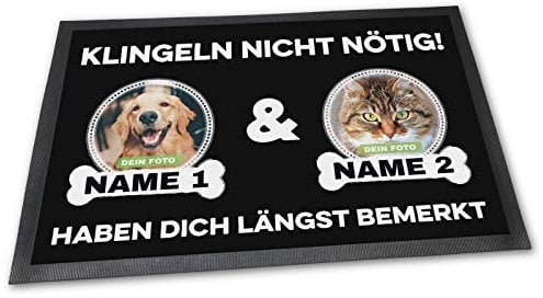 PfotenSchild Fußmatte mit Zwei Hunden - Klingeln Nicht nötig - Personalisiert mit WUNSCHFOTOS und Wunschnamen Hundebesitzer - 75 x 50 cm