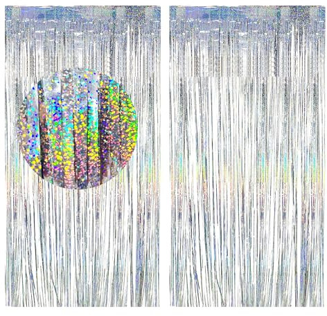 duoyif Lametta Vorhang 2 Stücke 2,5x1m Lametta Vorhang Silber Glitzer Party Deko, Vorhänge Luftschlangen Fransen, Glitzer Vorhang Für Karneval Disco Party Hochzeit Neujahr Weihnachten Deko (Silber)