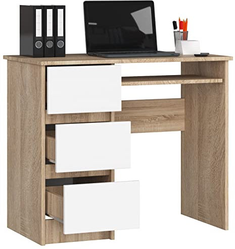 BDW Table d'Ordinateur Avec 3 Tiroirs et Tiroir Coulissant pour Clavier - Bureau pour Ordinateur de Bureau ou Portable, École et Adolescents - 90x77x50