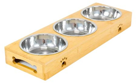 Edipets, Comedero Perro Gato, Bebedero Perro Gatos, Madera, Plato Simple, Doble, Triple Extraíble de Cerámica o Acero Inoxidable, Base de Bambú Antideslizante (Acero Inoxidable, Triple)