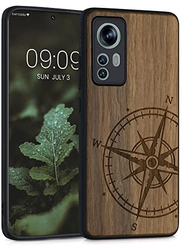 kwmobile Hülle kompatibel mit Xiaomi 12 / 12X Hülle - Holz Case - Handy Cover - TPU Handyhülle in Dunkelbraun Kompass Vintage