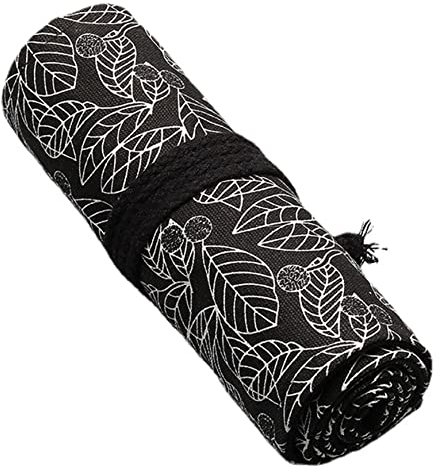 Anawakia Wrap Leinwand Stifterolle Bleistift Wrap Tragbar Stifterolle Bleistifthalter Reise Stiftehalter Buntstifte Federmäppchen Roll-up Mäppchen Tasche Organizer (Schwarz Blätter,72 Slots)