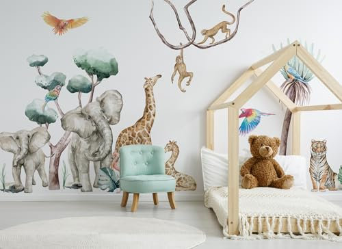 Osomhome | SAVANNA SPIRIT | Wandtattoo Kinderzimmer Wandsticker | Babyzimmer Wanddeko Tapete | Dschungel Selbstklebend Wandbilder | Savanna Tiere Junge Mädchen Wohnzimmer | os4051 370x180 cm