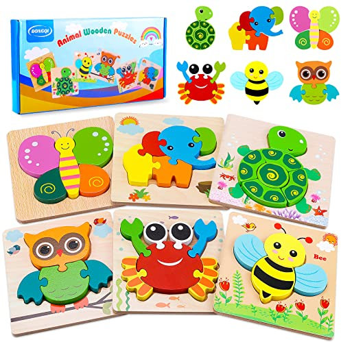 6 Stück Holzpuzzle Holzspielzeug für Kinder, Steckpuzzle Holz Montessori Spielzeug für Baby, Tier Holzpuzzle Puzzle Kleinkind Lernspielzeug für Kinder, Weihnachten Geburtstag