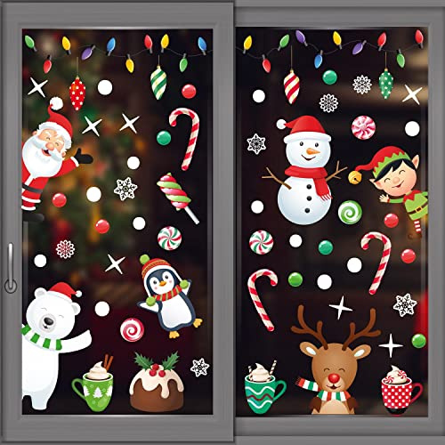 WALPLUS Christmas Window Stickers Clings Xmas Decoration Reusable Double-Sided Print Decals for Glass Living Room Windows Display Xmas Friends Winterland 64 Pieces