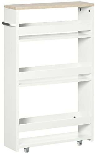kleankin Chariot de Rangement à 3 Niveaux Chariot de Stockage étagère sur roulettes pour Cuisine étroite Salle de Bain buanderie Bureau avec poignée - 48 x 15 x 80 cm Blanc