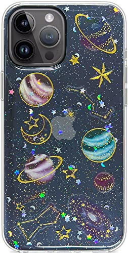 Efitoo for iPhone 14 Pro Max Case Clear with Planet Design Cute Bling Glitter Sparkle Stars and Moon Space Theme Soft TPU Aesthetic Shockproof Slim Protective Kawaii Phone Cover
