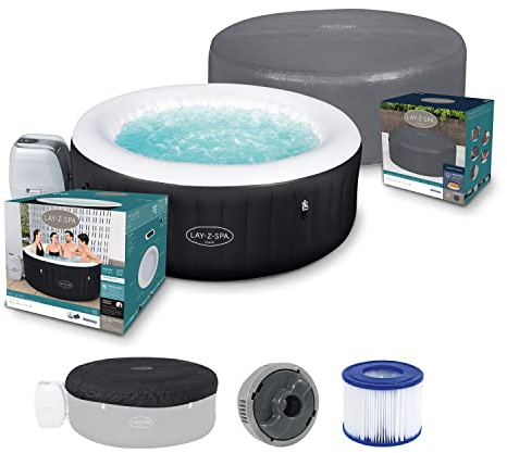 Bundle aus Bestway Lay-Z-SPA Miami AirJet™ Whirlpool, 180 x 66 cm, 2-4 Personen, rund, schwarz + Bestway Lay-Z-SPA Xtras EnerySense Thermo-Komplettabdeckung Ø 180 x 66 cm, rund