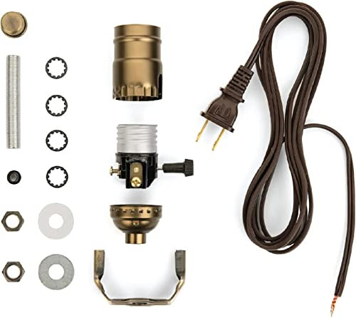 I Like That Lamp DIY Lamp Wiring Kit, Antique Brass 3-Way Socket & 12FT Brown Cord (1 Pack), for Making & Fixing Table or Floor Lamps, Repair & Rewire Vintage Lighting Fixtures, Complete Hardware Set