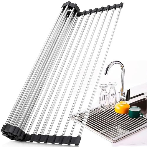Marctani Escurreplatos Plegable sobre Fregadero - Escurridor de Platos Enrrollable de Acero Inoxidable, Malla de Drenaje Resistente AL Calor para Secar Frutas, Verduras y Platos (Negro, 43x30 cm)