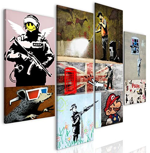 decomonkey Bilder Set Abstrakt 126x98 cm 4 Teilig Leinwandbilder Bild auf Leinwand Wandbild Kunstdruck Wanddeko Wand Wohnzimmer Wanddekoration Deko Banksy Collage Modern Street Art
