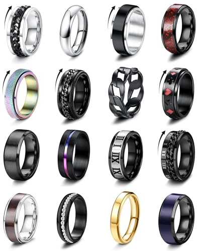 Besteel 16Pcs Stainless Steel Fidget Rings for Men Women Non Tarnish - Anxiety Relief Smooth Black Spinner Ring Set Mens Wedding Band Daily Engagement Promise Rings Jewelry Gift Comfort Fit Size 10
