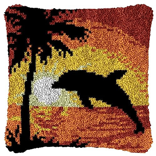 DIY Knüpfkissen Zum Selber Knüpfen Set, Knüpfhaken-Set Kissenbezug Knüpfteppiche Set Kissen Knüpfen Latch Hook Kit Handgemachte Geschenke Für Kinder Und Erwachsene Delphin,43x43cm