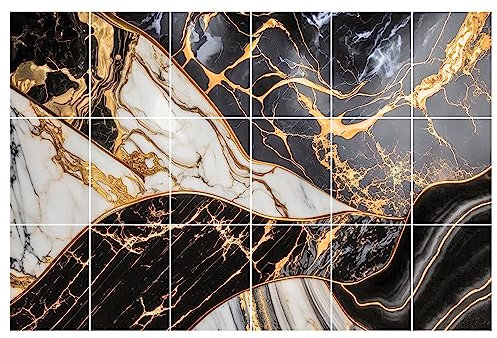 GRAZDesign Fliesenaufkleber Bad & Küche | 15x20cm - 18 Stück | Marmor schwarz weiß mit gold | wasserfeste selbstklebende Klebefliesen Fliesenfolie 90x60cm
