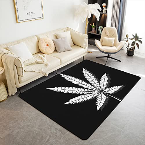 Marihuana Weed Weich Teppich 150x200cm Wetterfest Kinder Cannabis Blätter Teppich mit Zurück Schwarz Weiß Weed Inside Eingang Matte Boden Indoor Teppich Schlafzimmer Bodenmatte für Küche und Balkon