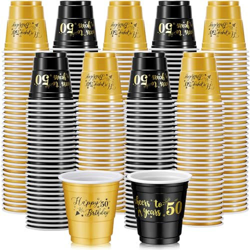 Ziliny 100 Pcs 2 oz Happy Birthday Plastic Shot Glasses Drinking Shot Glasses Disposable Black Gold Shot Cups for Party Cheer Birthday Party Plastic Cups Favors for Anniversary Wedding Supply (50th)
