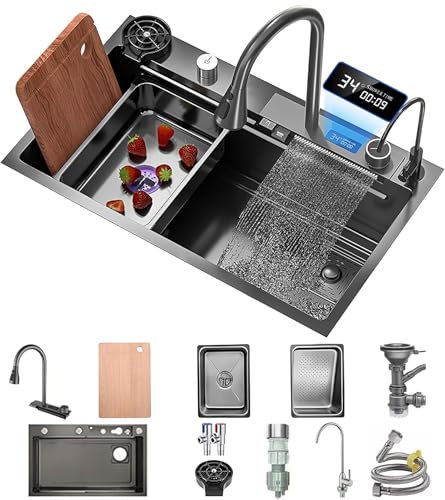 Singola Bowl Cascata Lavandino Da Cucina Multifunzionale Bar Contatore Nano-rivestito Con Rubinetto Pull-Down E Completo Accessori Set