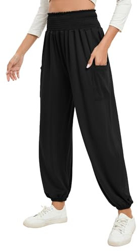 Famulily Damen Bequeme Stretch Plain Lounge Bottoms Smocked High Rise Harem Pyjama Hose mit Taschen Schwarz XL