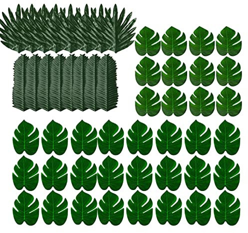 QOTSTEOS 52pcs/set Artificial Tropical Leaves Decor, 3 Kinds Simulation Leaf Jungle Beach Theme, Green Artificial Tropical Monstera Leaves, for BBQ Birthday Party Decoration(Green)