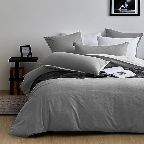 MILDLY Housse de Couette 200x200 Coton, Gris Parure de Lit 200x200 Coton avec 2 Taie d'oreiller 65x65 cm, 100% Coton Lavé, Certifié Oeko-TEX, Gris Fumée Parure Housse Couette avec Fermeture Éclair