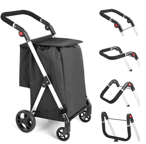 LEUYA ABC Grocery Trolley, 4 Wheel Shopping Trolley, 46L Aluminium Shopping Cart with Insulated Cooling Bag, Adjustable Handle, Folding Shopping Trolley (Black)