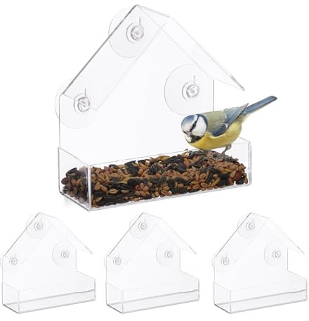 Relaxdays Fenster-Vogelfutterhaus 4er Set, 3 Saugnäpfe, Vogelfutterstation mit Dach, HBT: 15 x 15 x 7 cm, transparent