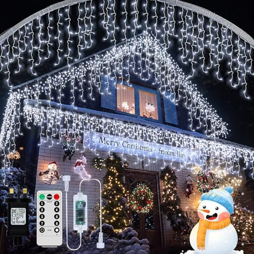 RJEDL Outdoor Christmas Icicle Lights Mains Powered, 18M+5M/75.5ft 600 LED Waterproof Icicle Fairy Lights with 8 Modes Remote Control and Dimmable, Plug in String Lights for Patio Party Indoor Decor