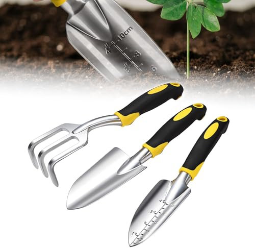 Garden Tools Set - 3 Piece Aluminum Gardening Tools Kit with Rake, Graduated Shovel & Trowel | Hand Wide Shovel with Soft Rubberized Non-Slip Ergonomic Handle for Planting (Yellow)