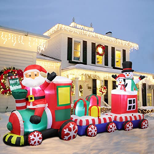 Omdekor 240 cm Aufblasbarer Weihnachtszug mit Weihnachtsmann-Schneemann-Pinguin, Aufblasbare Weihnachts Dekoration, Integriertem LED-Licht, Weihnachtsfeier, Festival, Garten, Rasen, Hofdekoration.