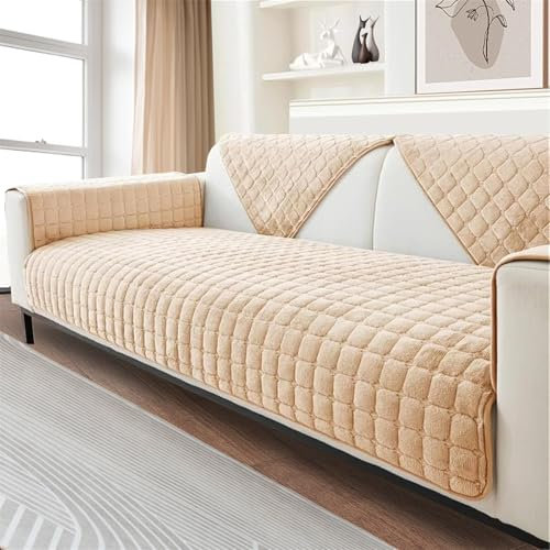 FASCINATDECO Sofa Überzug, Weiche Flanell Sofa Sitzkissenbezug, Sofaschoner rutschfest, Sofabezug 1 2 3 Sitzer Couch überzug für Wohnzimmer, Sofaüberwürf L Form Sofaschutz (Beige,90x210cm)